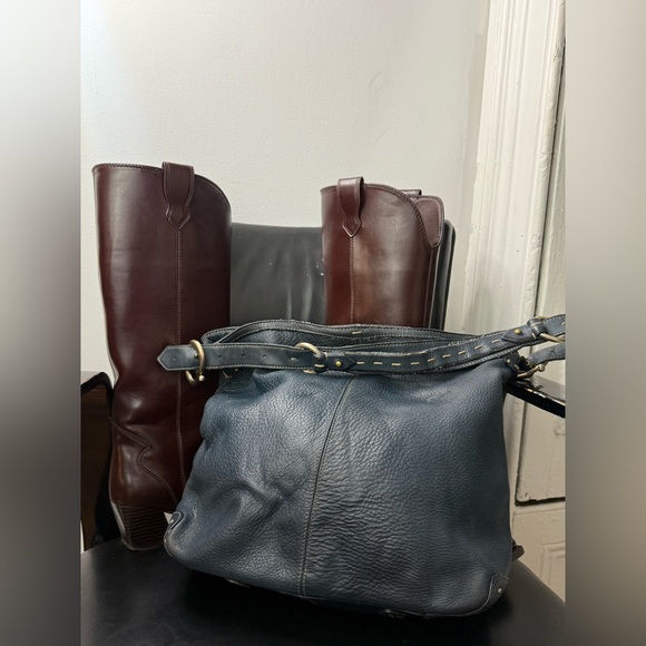 Liz Claiborne 90s Blue Leather Handbag with Stitch Detailing shoulder bag - Picture 1 of 10